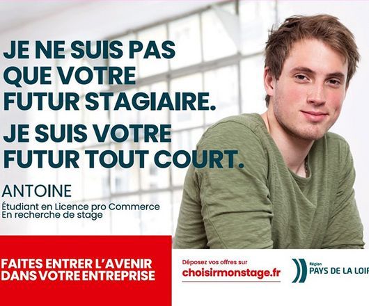 Je ne suis pas votre futur stagiaire. Je suis votre futur tout court. Antoine, étudiant en Licence pro Commerce. En recherche de stage. Faites entrer l'avenir dans votre entreprises. Déposez vos offres sur choisirmonstage.fr. Région Pays de la Loire