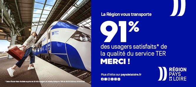 La Région vous transporte.  91% des usagers satisfaits* de la qualité du service TER. Merci !  Plus d'infos sur paysdelaloire.fr  *Selon étude Kisio réalisée auprès de 20 502 usagers du réseau Aléop en TER du 16/01/2024 au 31/03/2024